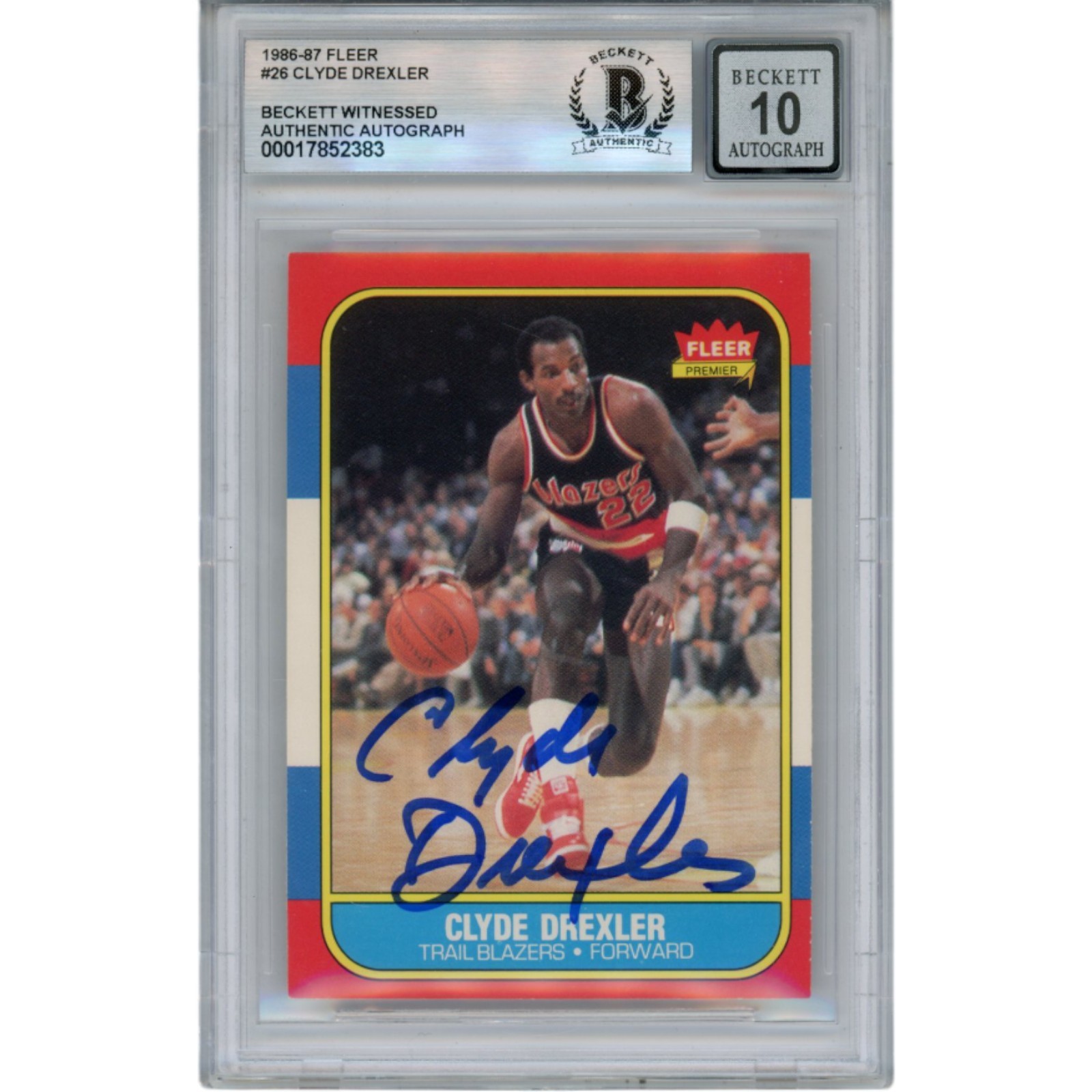 Clyde Drexler Autographed 1986 Fleer #26 Slabbed Trading Card Beckett 50354