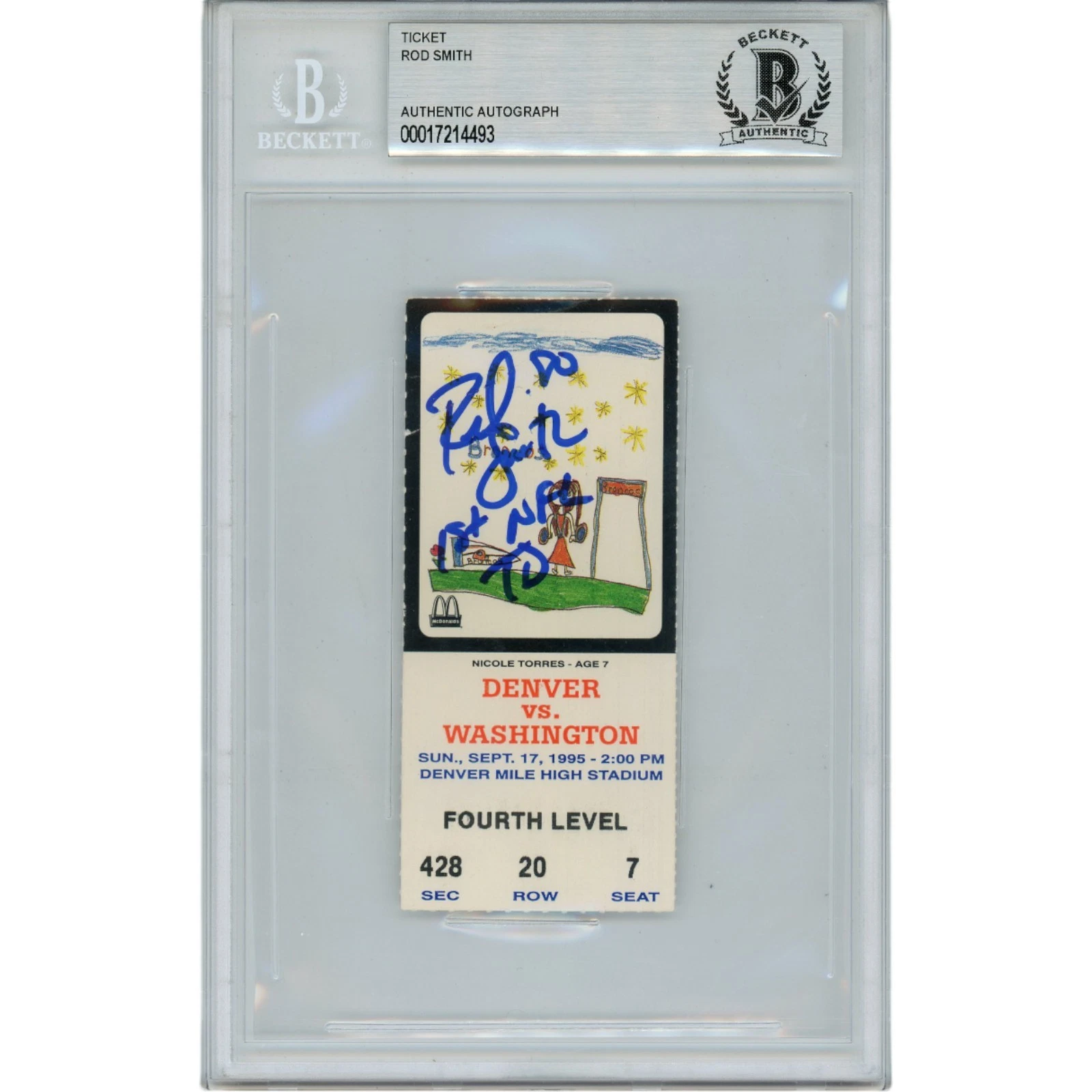 Rod Smith Autographed Denver Broncos 1st NFL TD ticket vs Redskins Beckett 48807