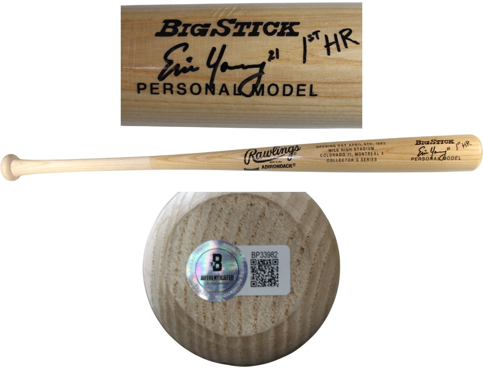 Eric Young Autographed Colorado Rockies '93 Opening Day Bat 1st HR Beckett 53387