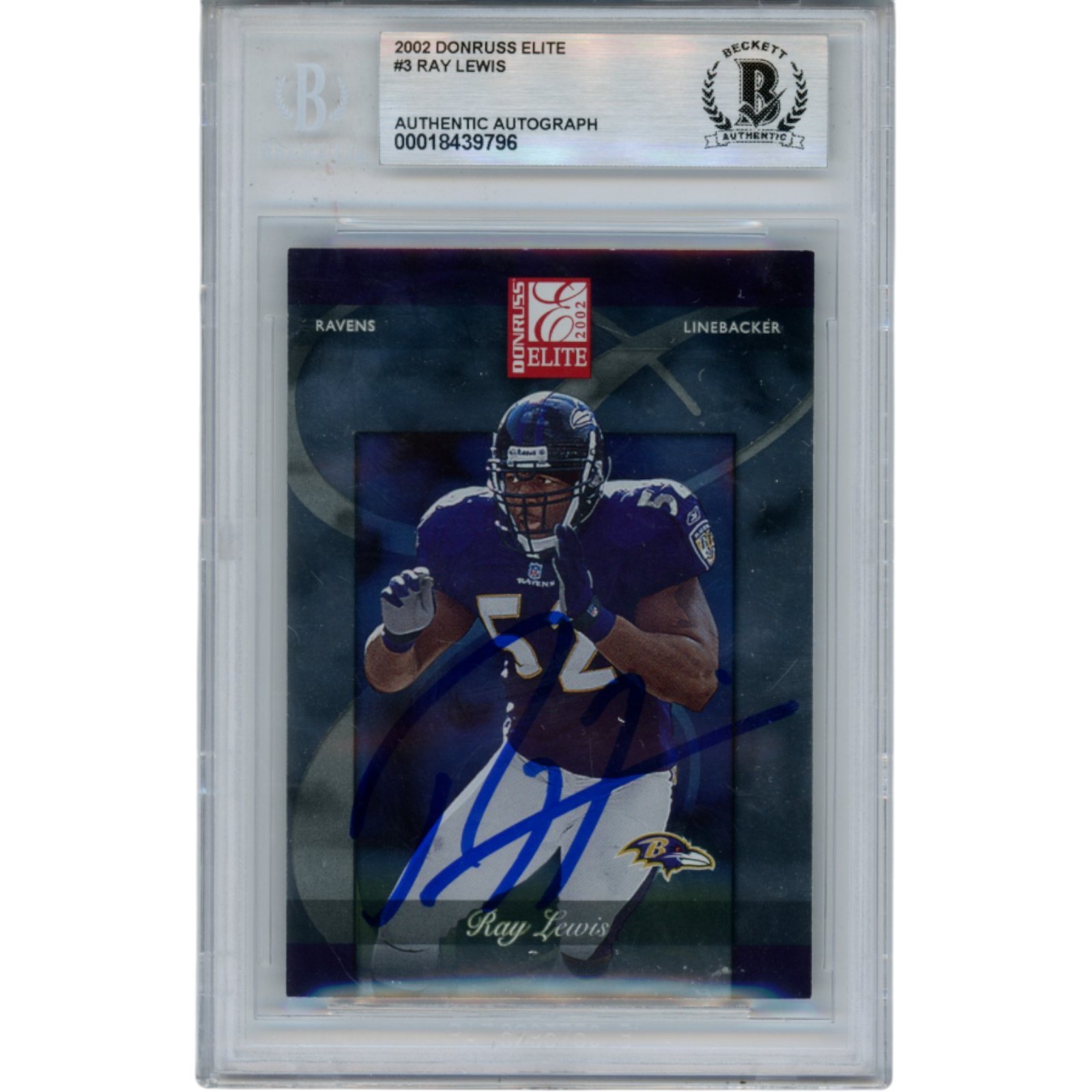 Ray Lewis Autographed 2002 Donruss Elite #3 Trading Card Slab Beckett 53468