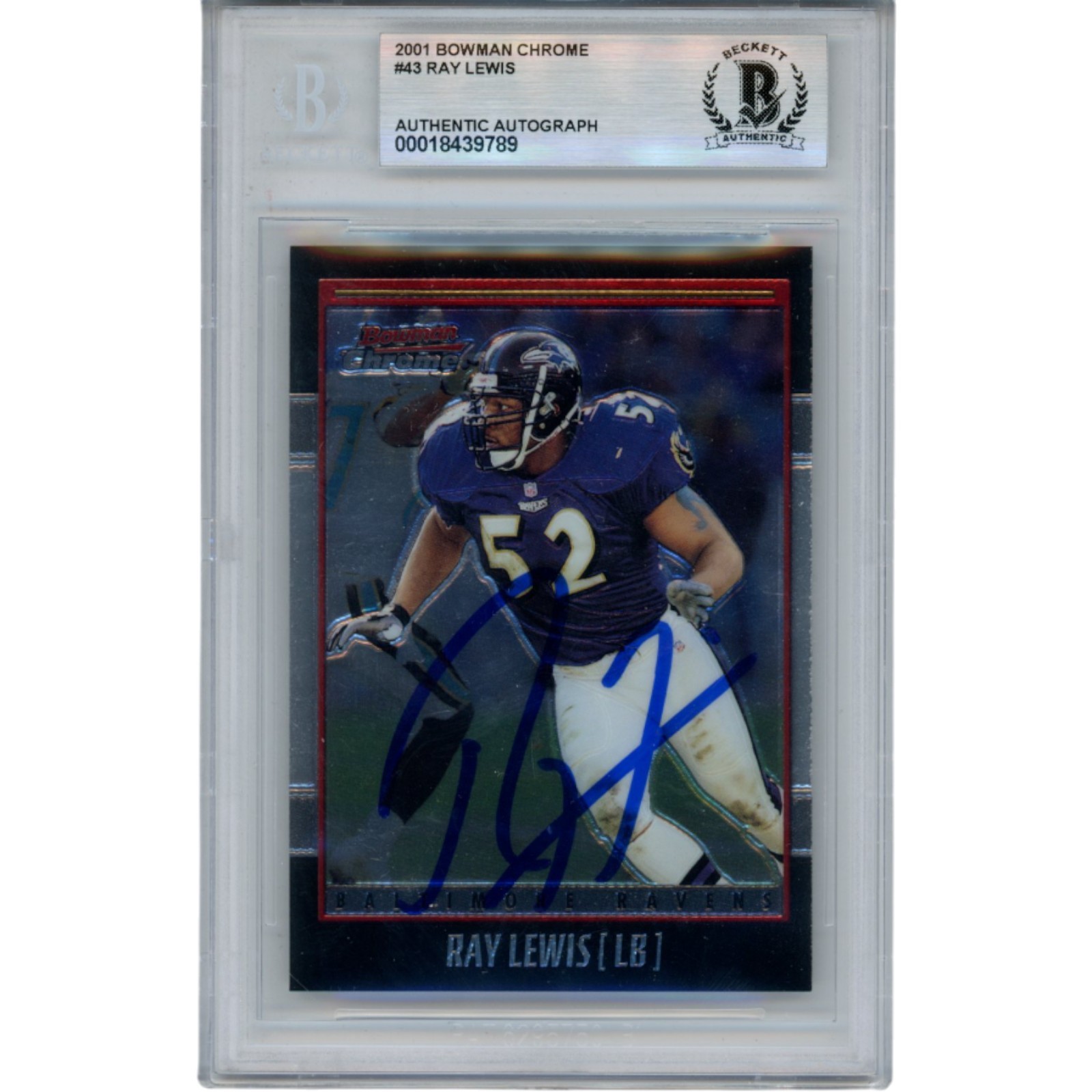 Ray Lewis Autographed 2001 Bowman Chrome #43 Trading Card Slab Beckett 53473