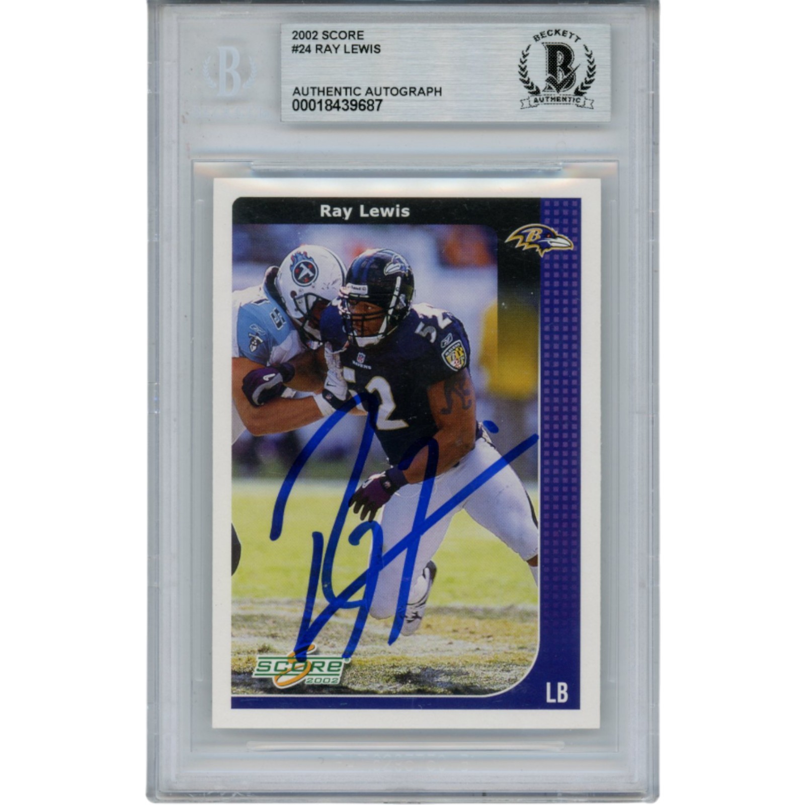 Ray Lewis Autographed/Signed 2002 Score #24 Trading Card Slab Beckett 53467