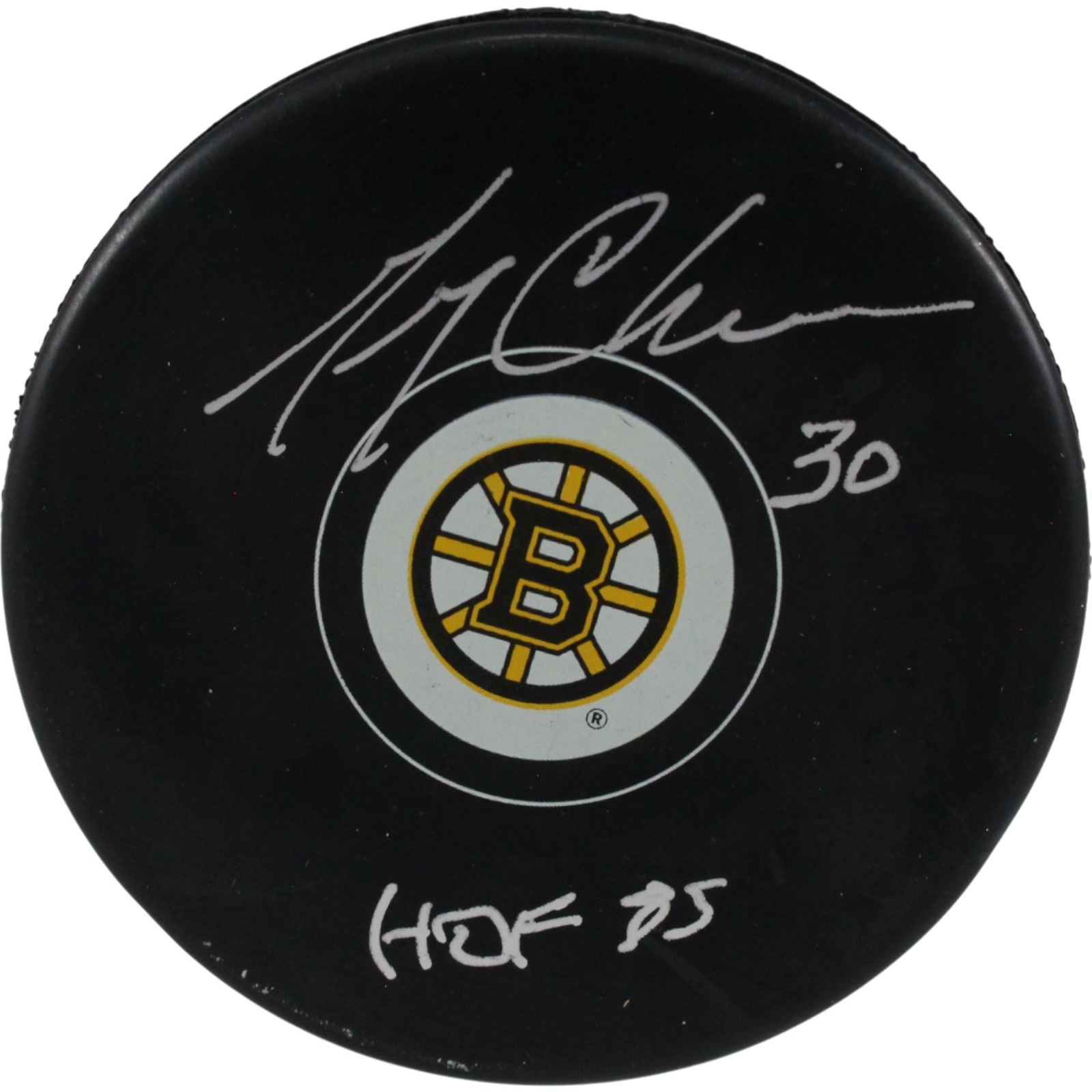 Gerry Cheevers Autographed/Signed Boston Bruins Logo Puck HOF 85 JSA 53948