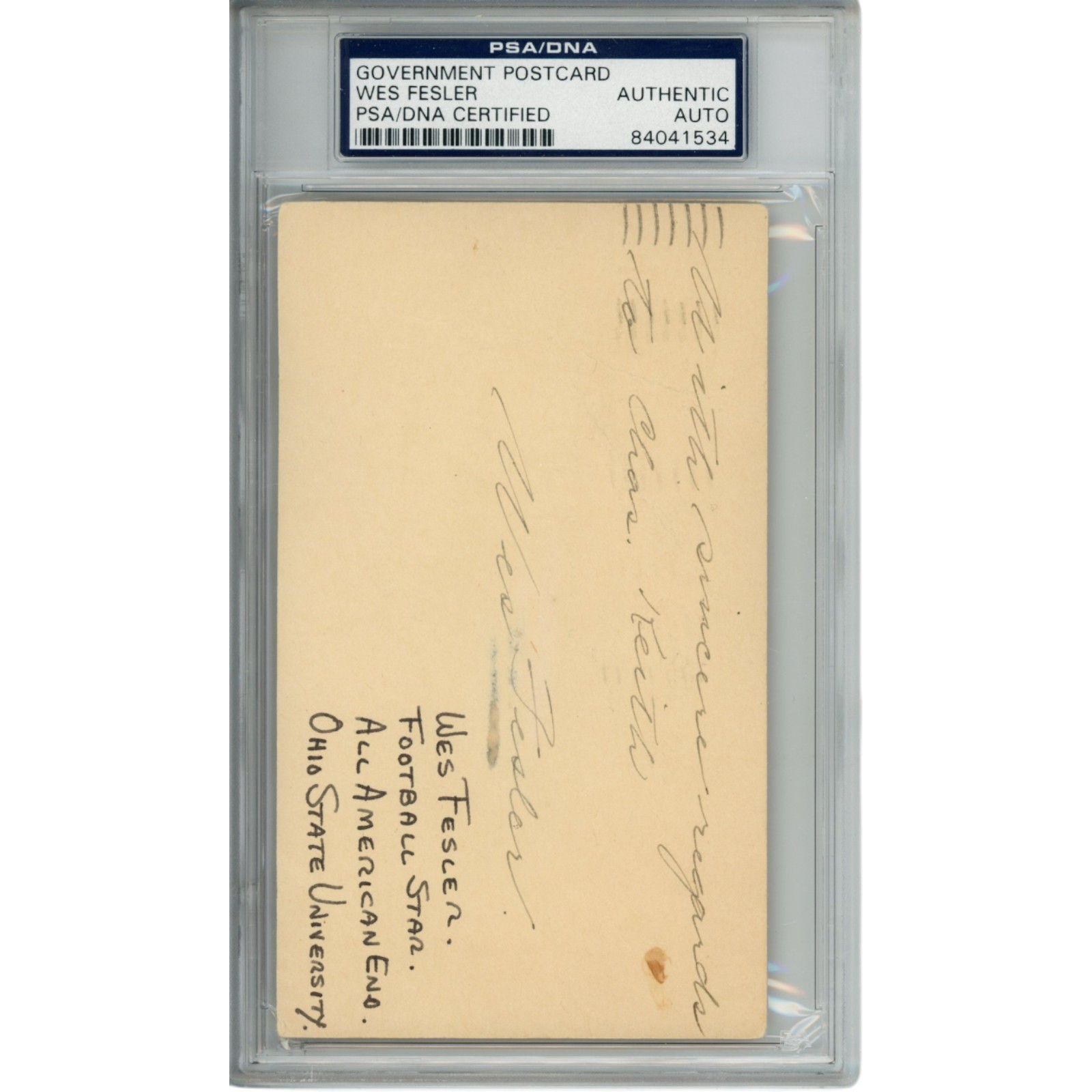 Wes Fesler Autographed/Signed Ohio State Buckeyes Postcard PSA Slabbed 54796