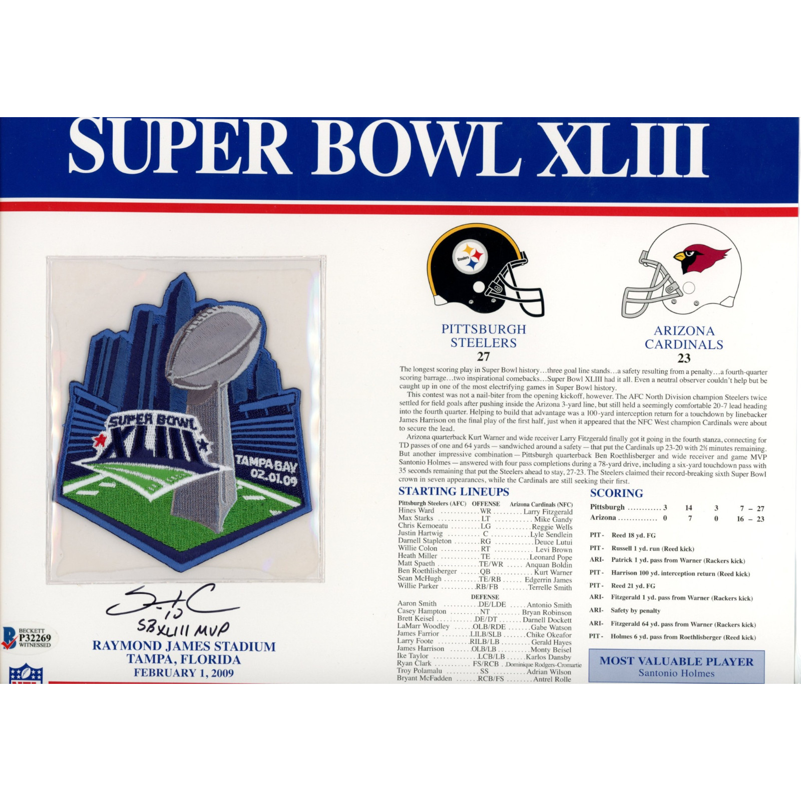 Santonio Holmes Signed Pittsburgh Steelers SB XLLIII Patch Card Beckett 55133