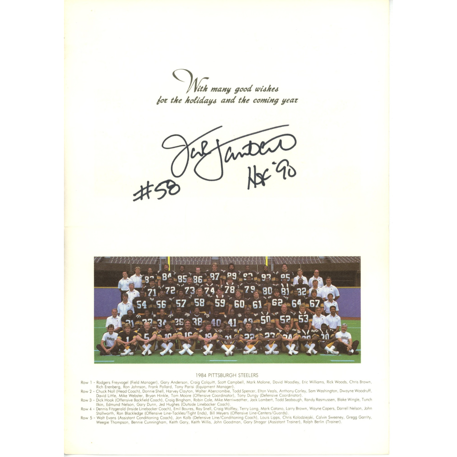 Jack Lambert Autographed Pittsburgh Steelers Christmas Card HOF Beckett 55134