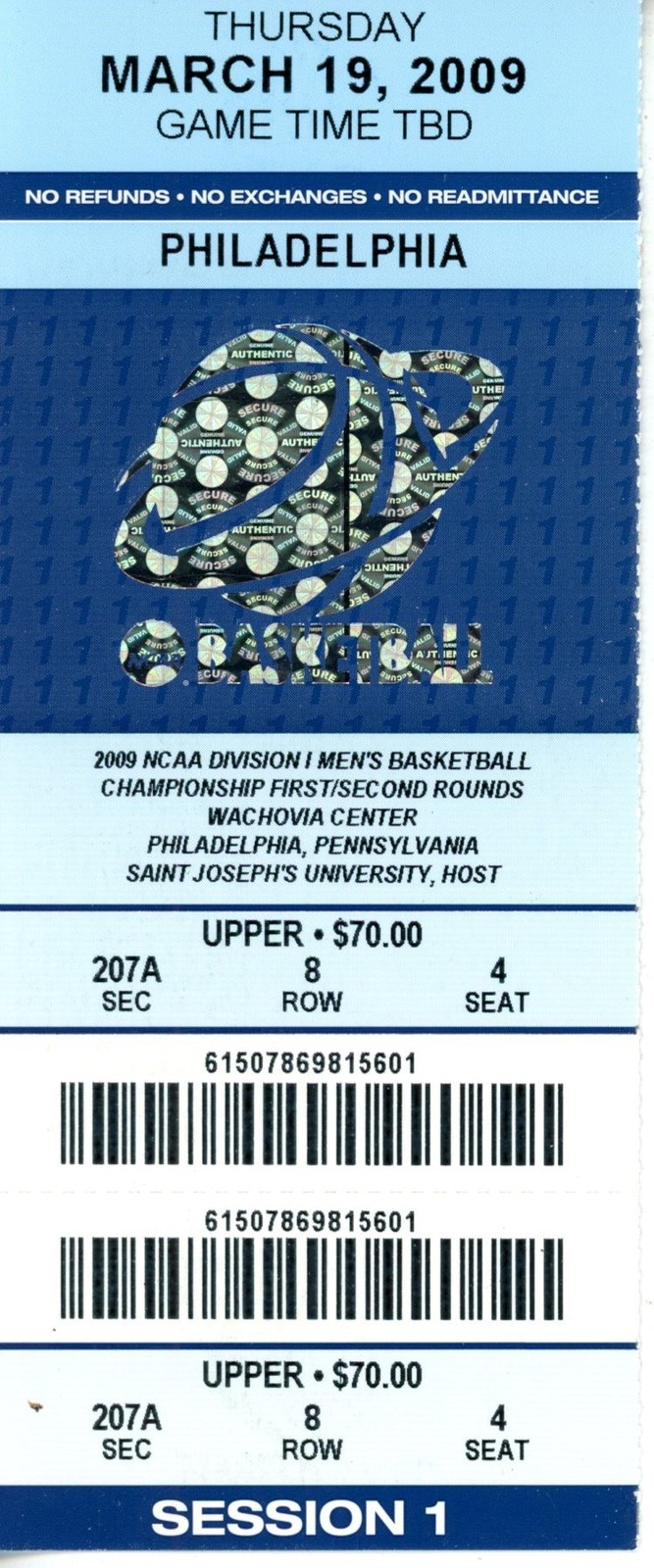 2009 First Round March Madness Connecticut vs Chatanooga Ticket 3/19/2009 55560