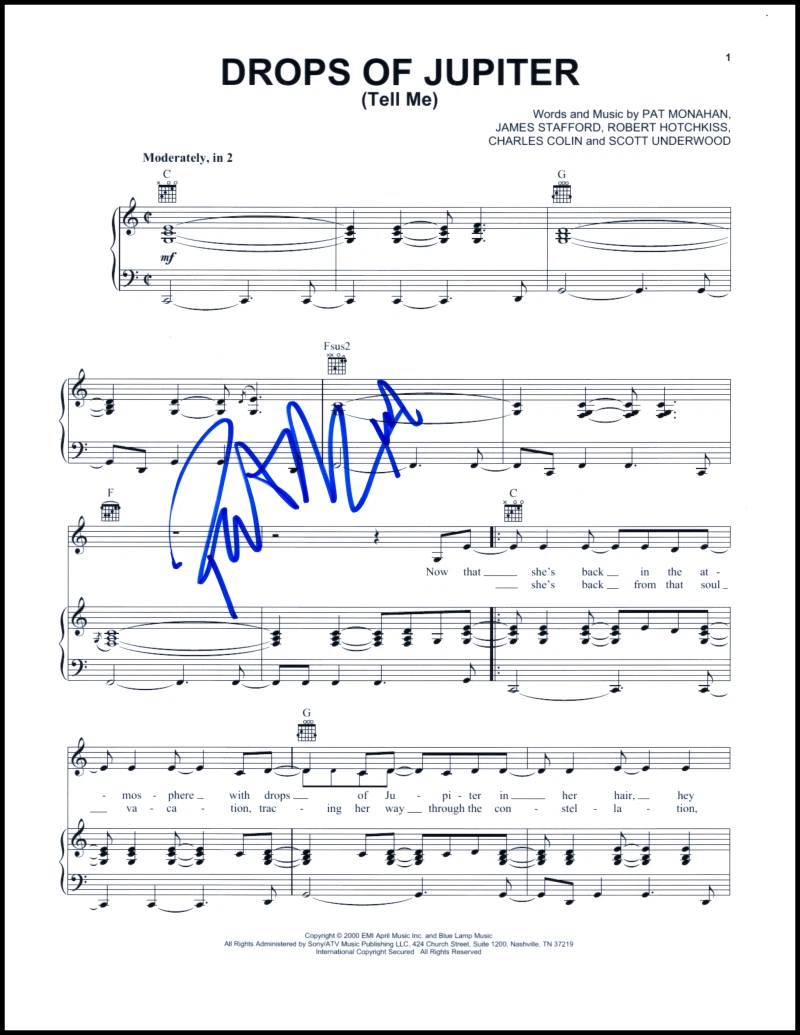 Pat Monahan Train Signed Autograph Drops of Jupiter (Tell Me) Sheet Music