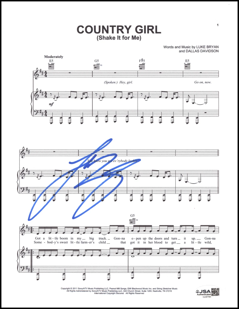 Luke Bryan Signed Autograph Country Girl Shake It for Me Sheet Music w/ JSA COA
