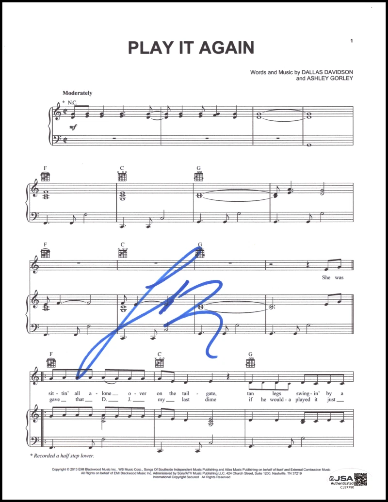 Luke Bryan Signed Autograph Play It Again Sheet Music - Crash My Party JSA COA