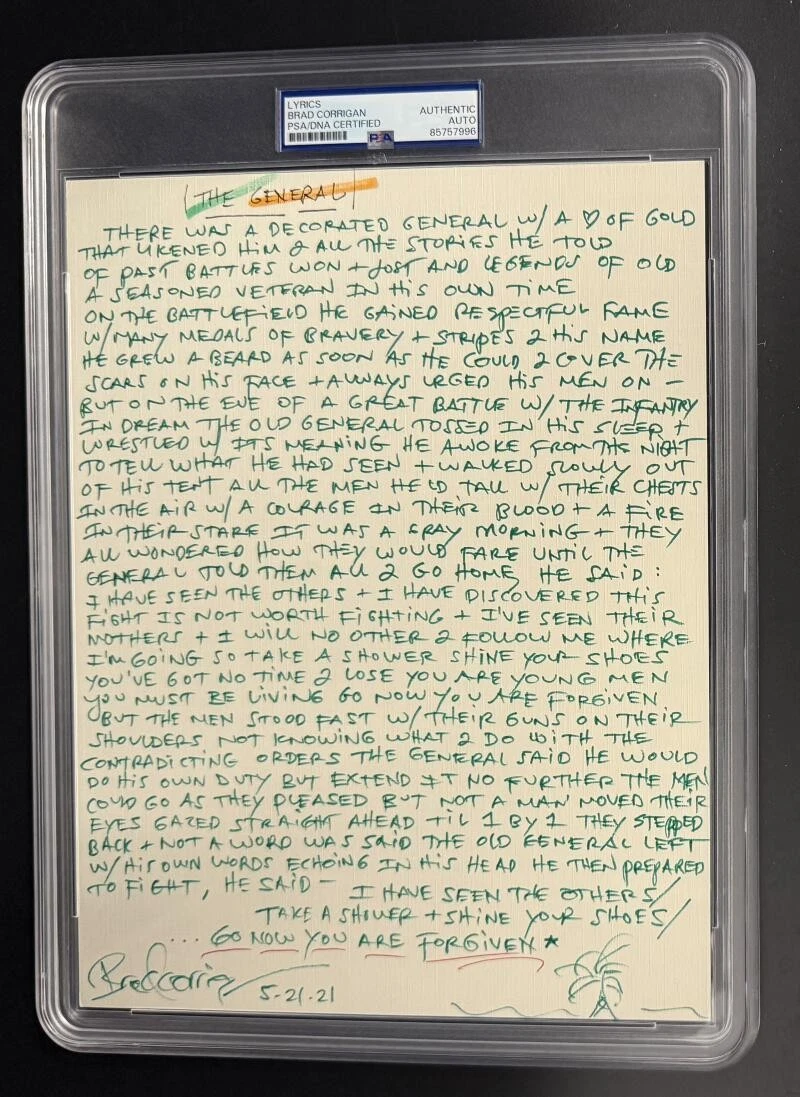 Brad Corrigan Dispatch Signed Autograph PSA/DNA Hand Written Lyrics The General