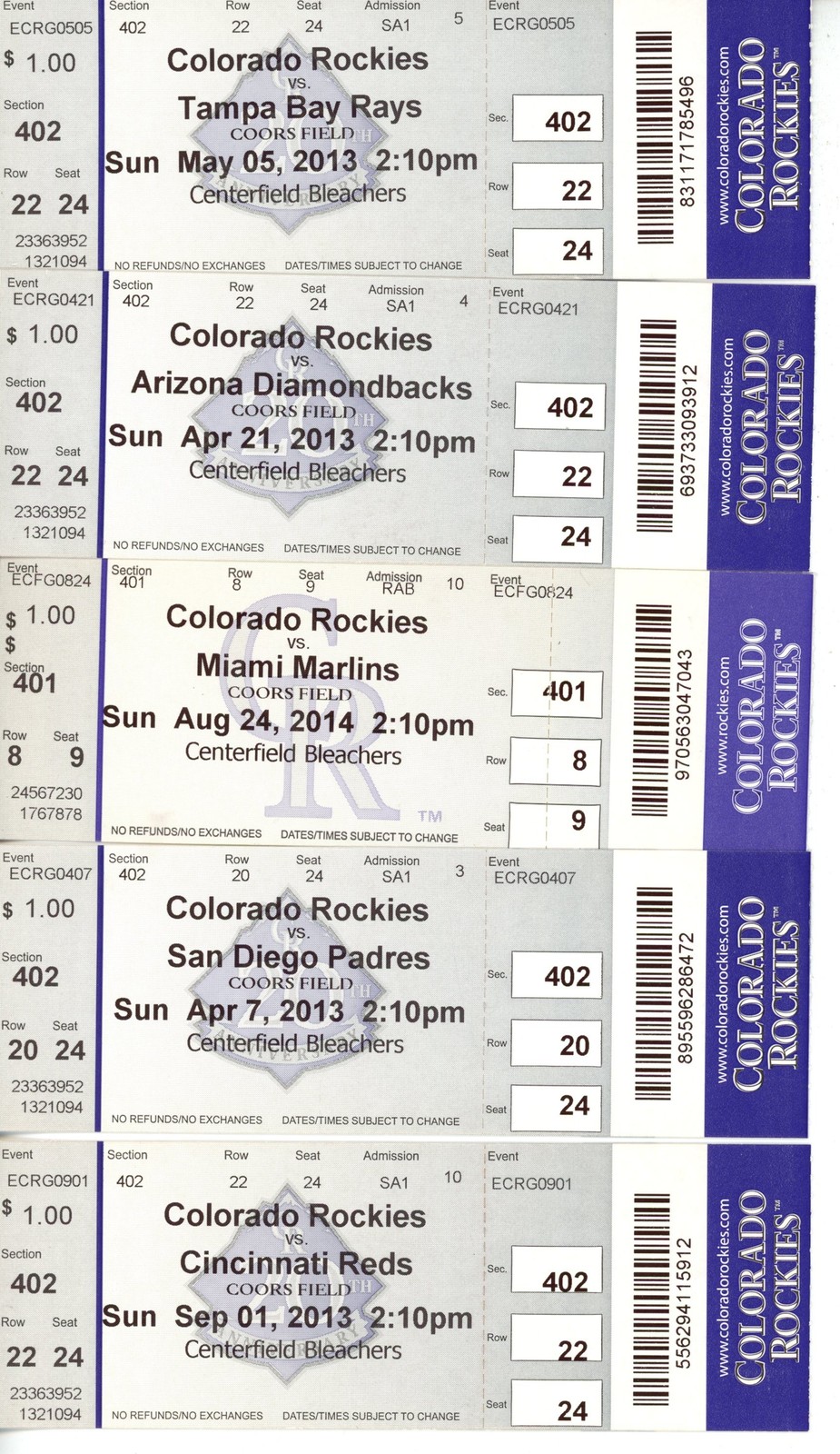 Colorado Rockies 250 Quantity Ticket Lot From Seasons 1995-2014 56243