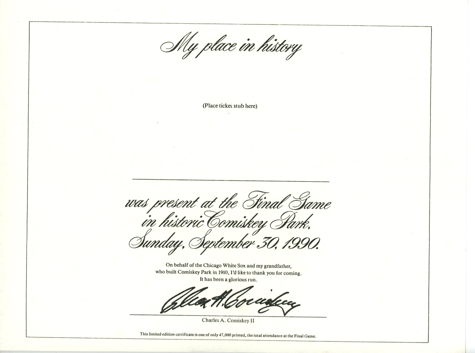 Chicago White Sox Comiskey Park Final Game 09/30/1990 Certificate 56270