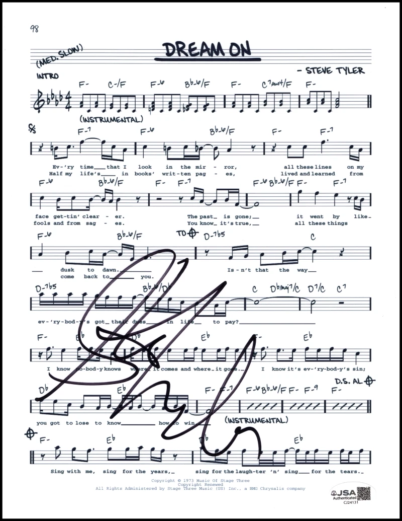 Steven Tyler Aerosmith Signed Autograph Dream On Sheet Music w/ JSA COA