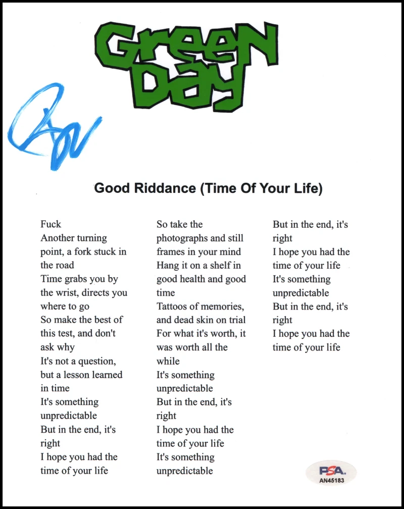 Billie Joe Armstrong Green Day Signed Autograph Good Riddance Sheet Music - PSA