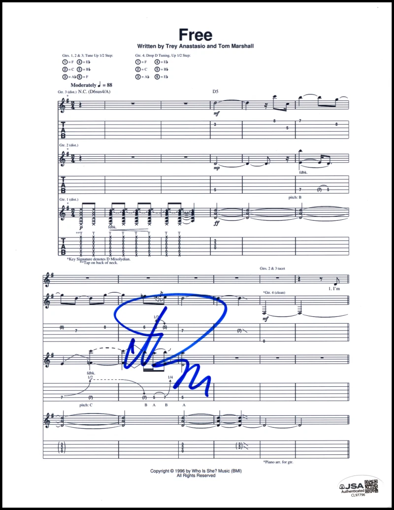 Trey Anastasio Phish Signed Autograph Free Sheet Music - Billy Breathes JSA COA