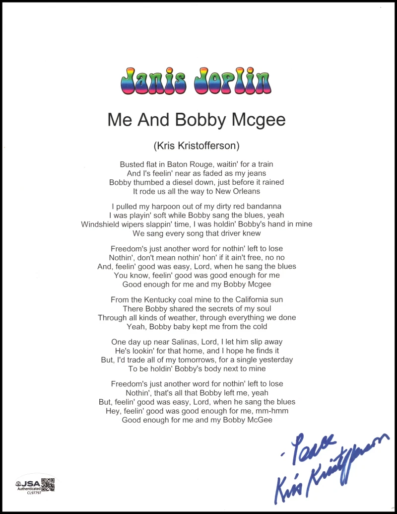 Kris Kristofferson Signed Autograph Me and Bobby McGee Lyric Sheet w/ JSA COA