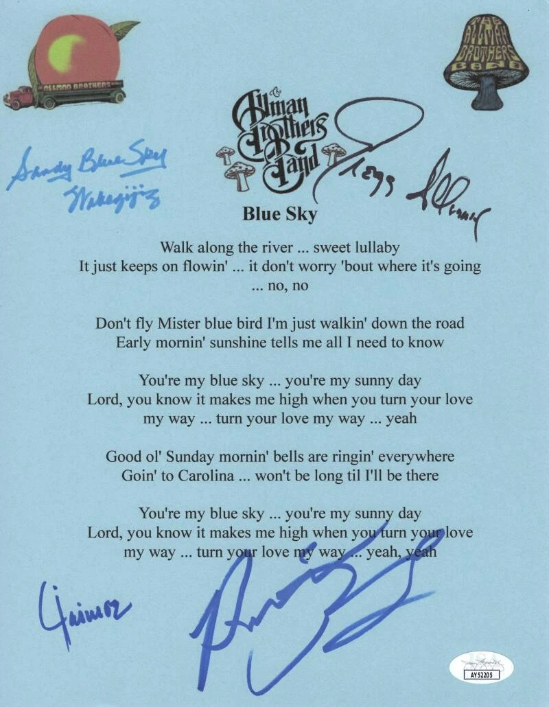 Allman Brothers Band x4 Signed Autograph Blue Sky Lyric Sheet - Gregg w/ JSA COA