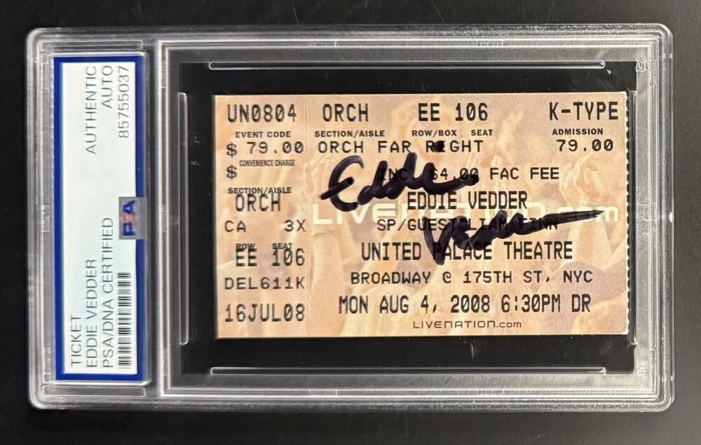 Eddie Vedder Pearl jam Signed Autograph PSA/DNA COA Slab Original 2008 NY Ticket