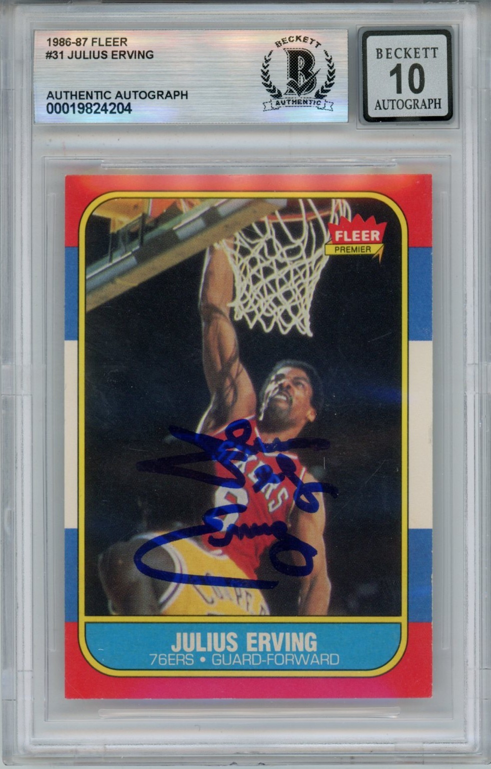 Julius Erving Autographed 1986 Fleer #35 10 auto Card Slab Beckett 54677