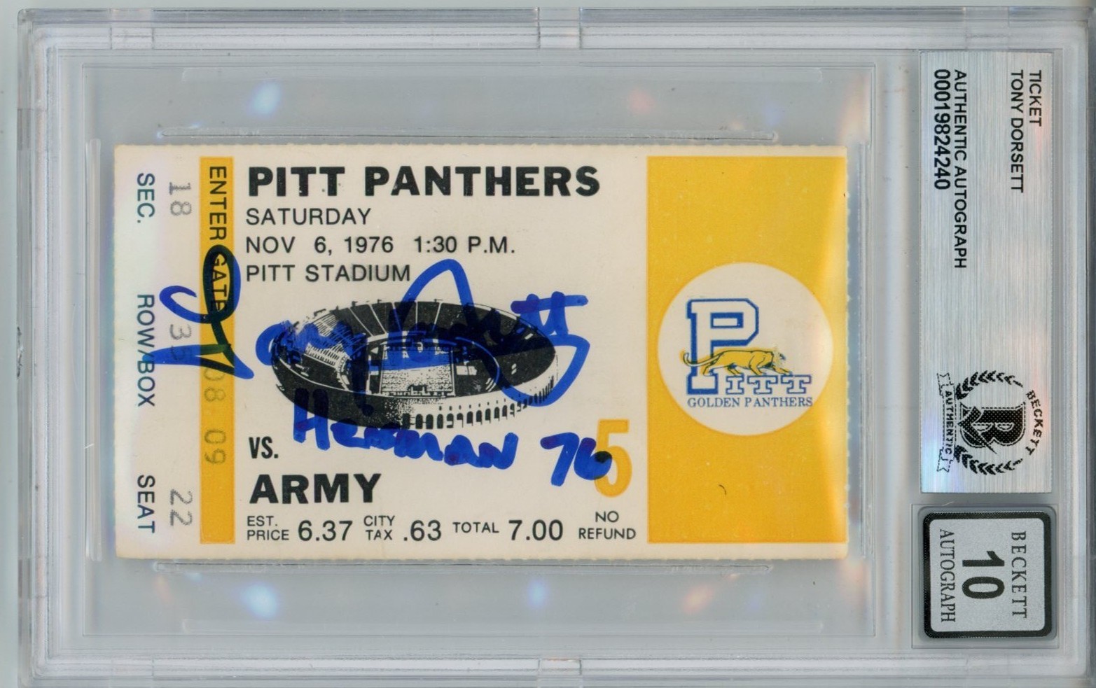 Tony Dorsett Signed Pittsburgh Panthers Heisman 10auto Ticket Slab Beckett 57048