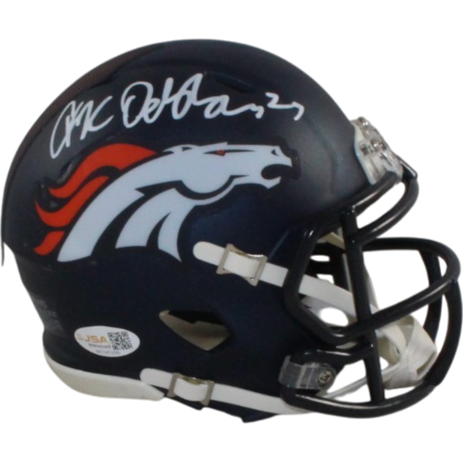 JK Dobbins Autogrraphed/Signed Denver Broncos Speed Mini Helmet JSA 57169