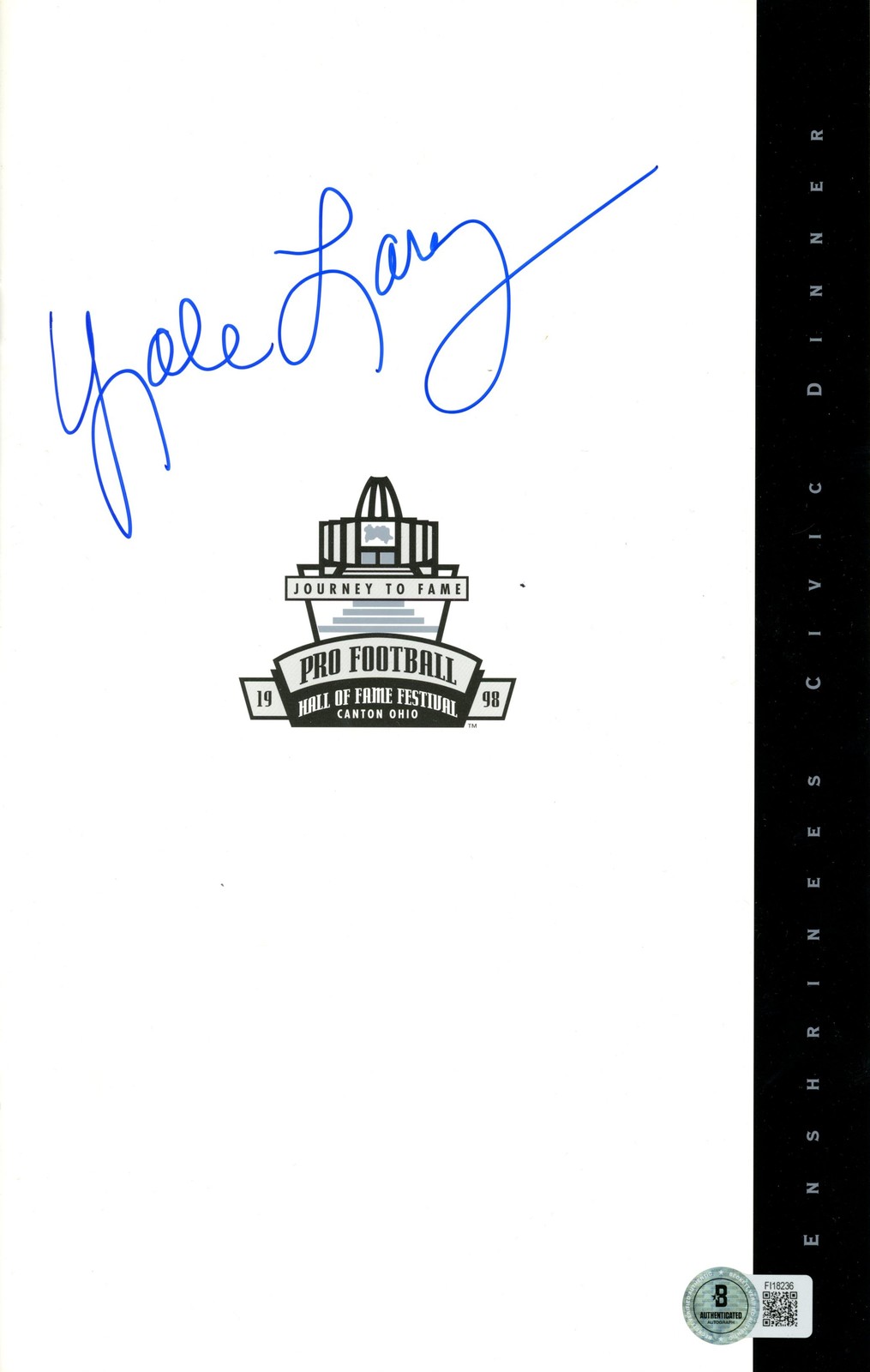Yale Lary Signed Detroit Lions 1998 Enshrinees Civic Dinner Program BAS 57206