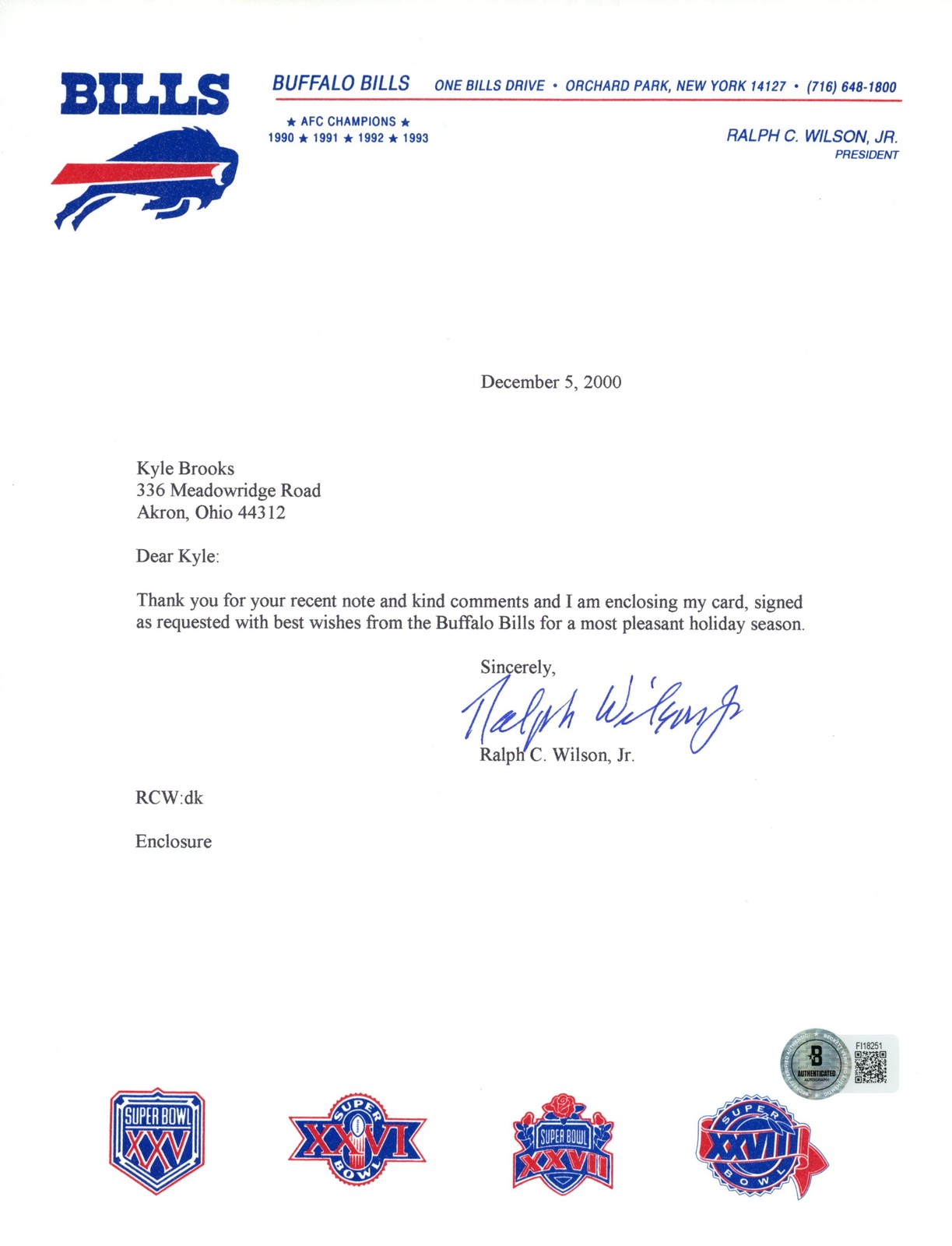 Ralph Wilson Jr Autographed Buffalo Bills Team Letter Personalized Beckett 57246