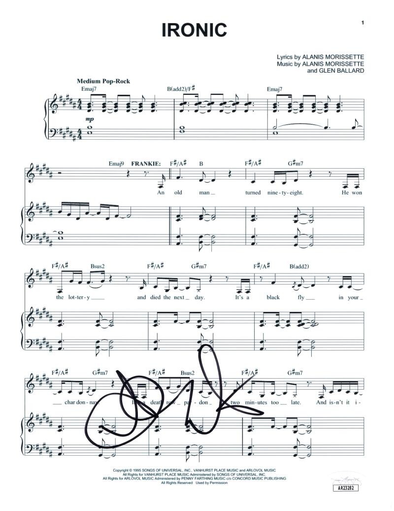 Alanis Morissette Signed Autograph Ironic Sheet Music Jagged Little Pill JSA COA