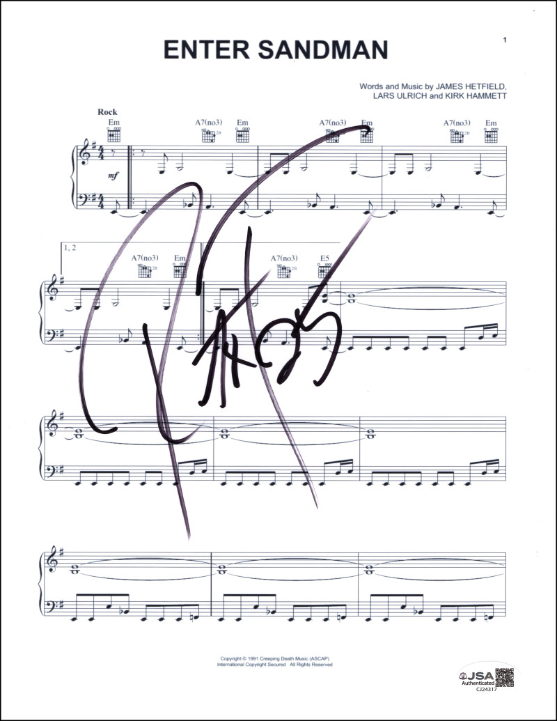 Robert Trujillo Metallica Signed Autograph Enter Sandman Sheet Music JSA COA