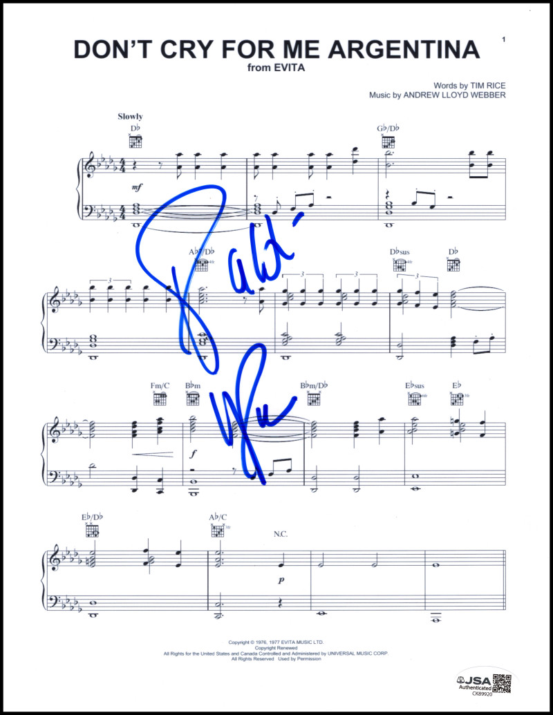 Patti LuPone Signed Autograph Evita - Don't Cry for Me Argentina Sheet Music JSA
