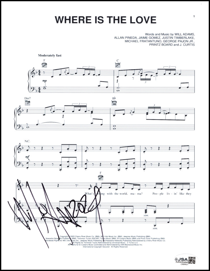 Will I Am Black Eyed Peas Signed Autograph Where is the Love Sheet Music JSA COA