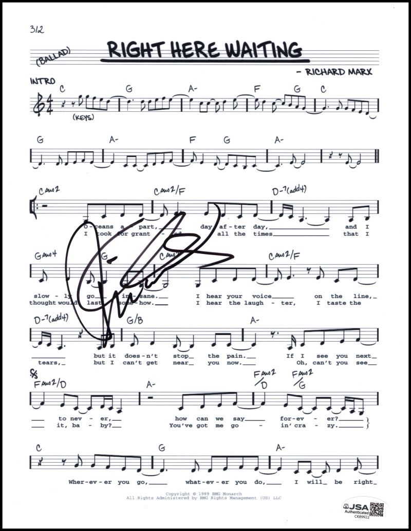 Richard Marx Signed Autograph Right Here Waiting Sheet Music Repeat Offender JSA