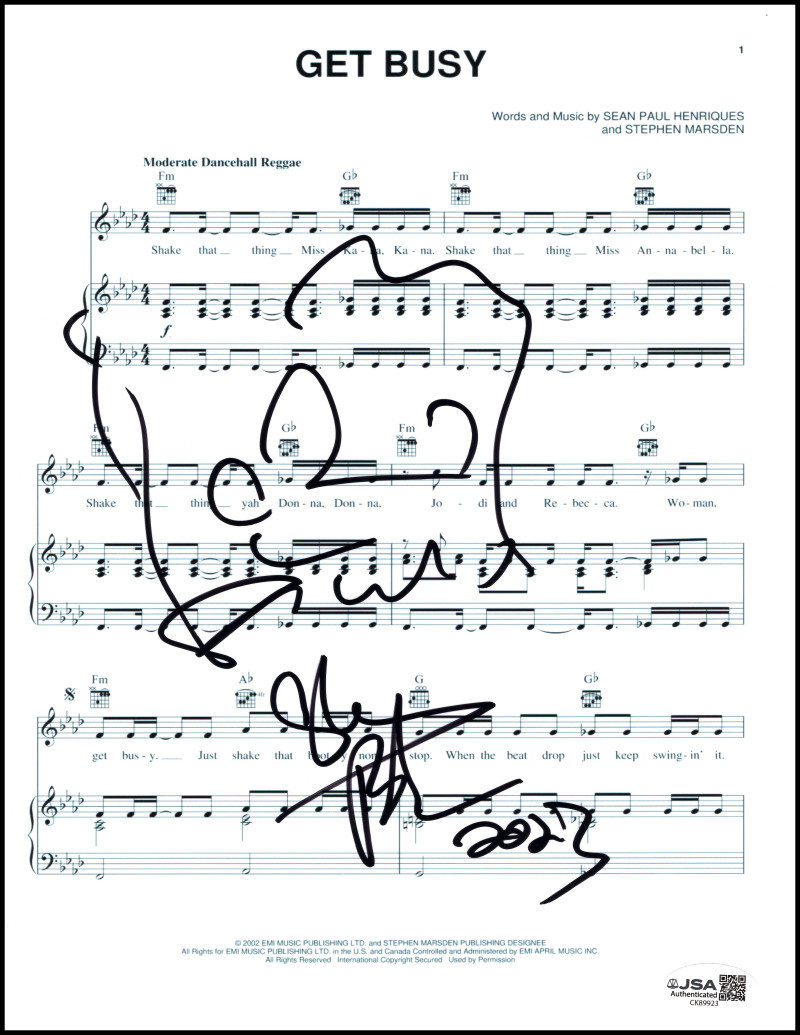 Sean Paul Signed Autograph Get Busy Sheet Music w/ Original Art Sketch!  JSA COA
