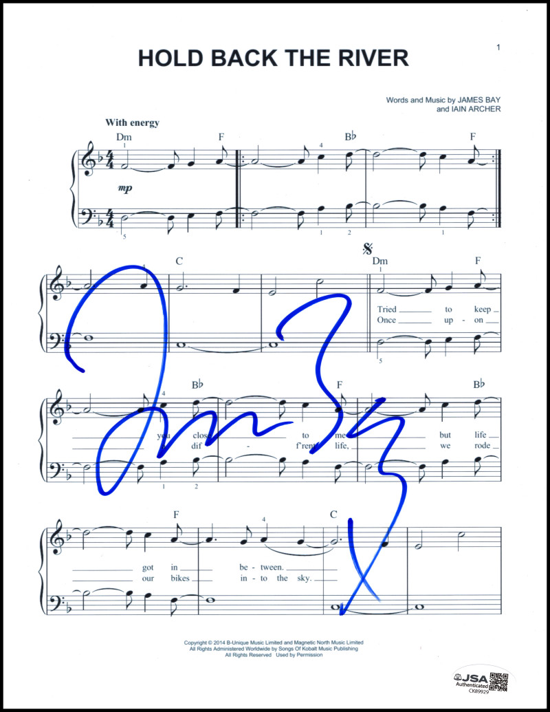 James Bay Signed Autograph Hold Back the River Sheet Music w/ JSA COA