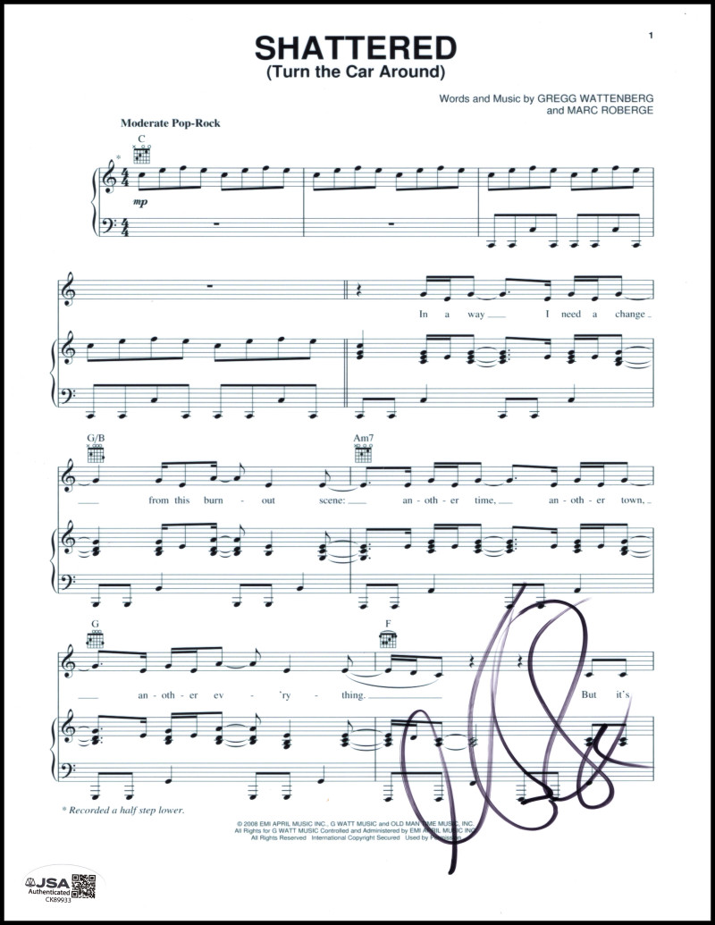 Marc Roberge OAR Signed Autograph Shattered Turn the Car Around Sheet Music JSA