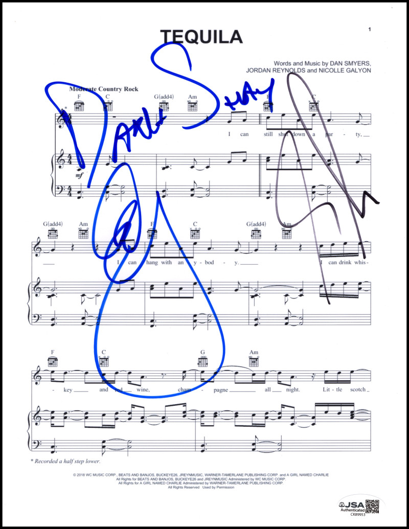 Dan + Shay Signed Autograph Tequila Sheet Music Dan Smyers & Shay Mooney JSA COA