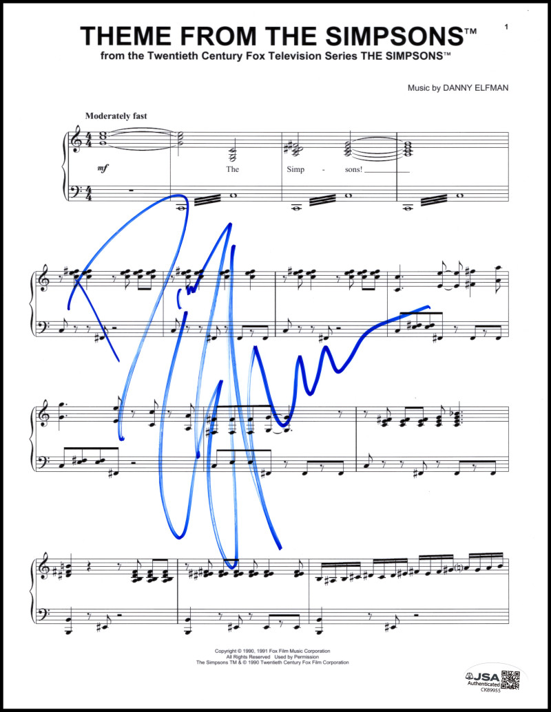 Danny Elfman Signed Autograph The Simpsons Theme Sheet Music w/ JSA COA