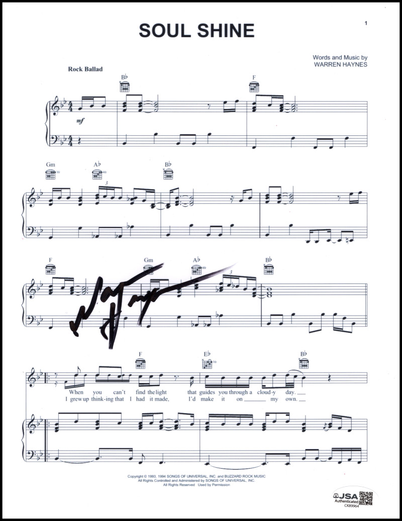 Warren Haynes Allman Brothers Band Signed Autograph Soul Shine Sheet Music JSA
