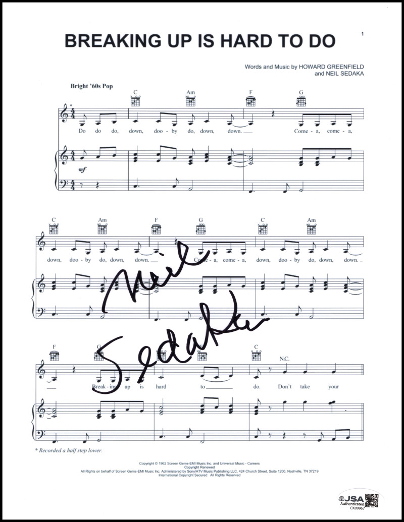 Neil Sedaka Signed Autograph Breaking Up is Hard to Do Sheet Music w/ JSA COA