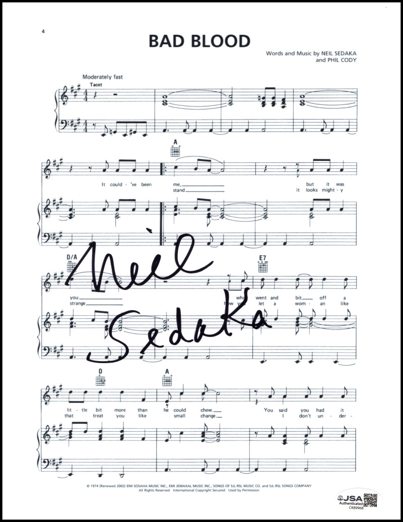 Neil Sedaka Signed Autograph Bad Blood Sheet Music - The Hungry Years w/ JSA COA