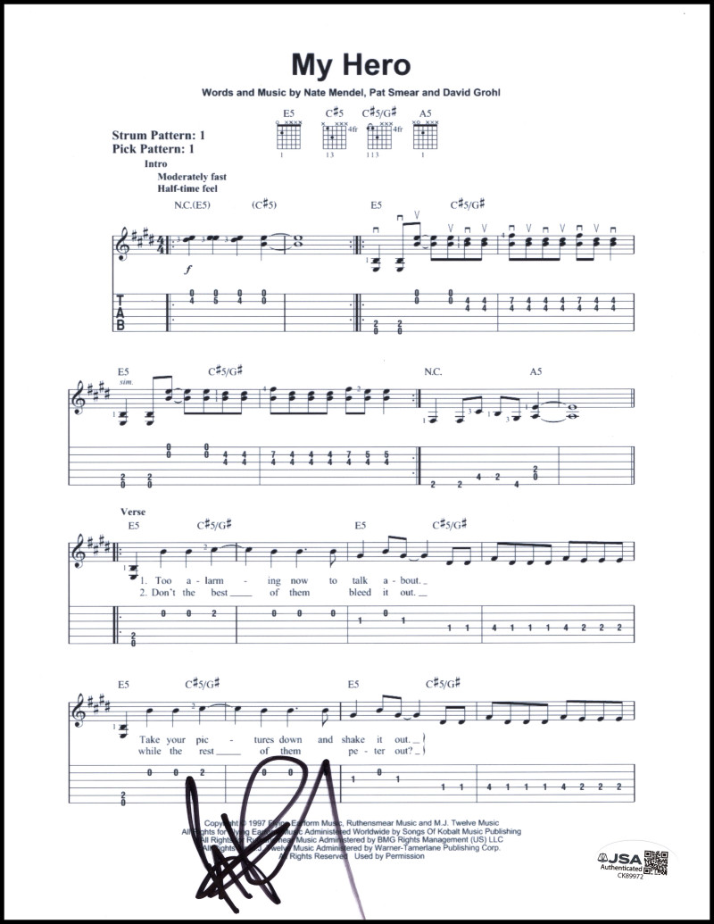 Pat Smear Foo Fighters Signed Autograph My Hero Sheet Music w/ JSA COA