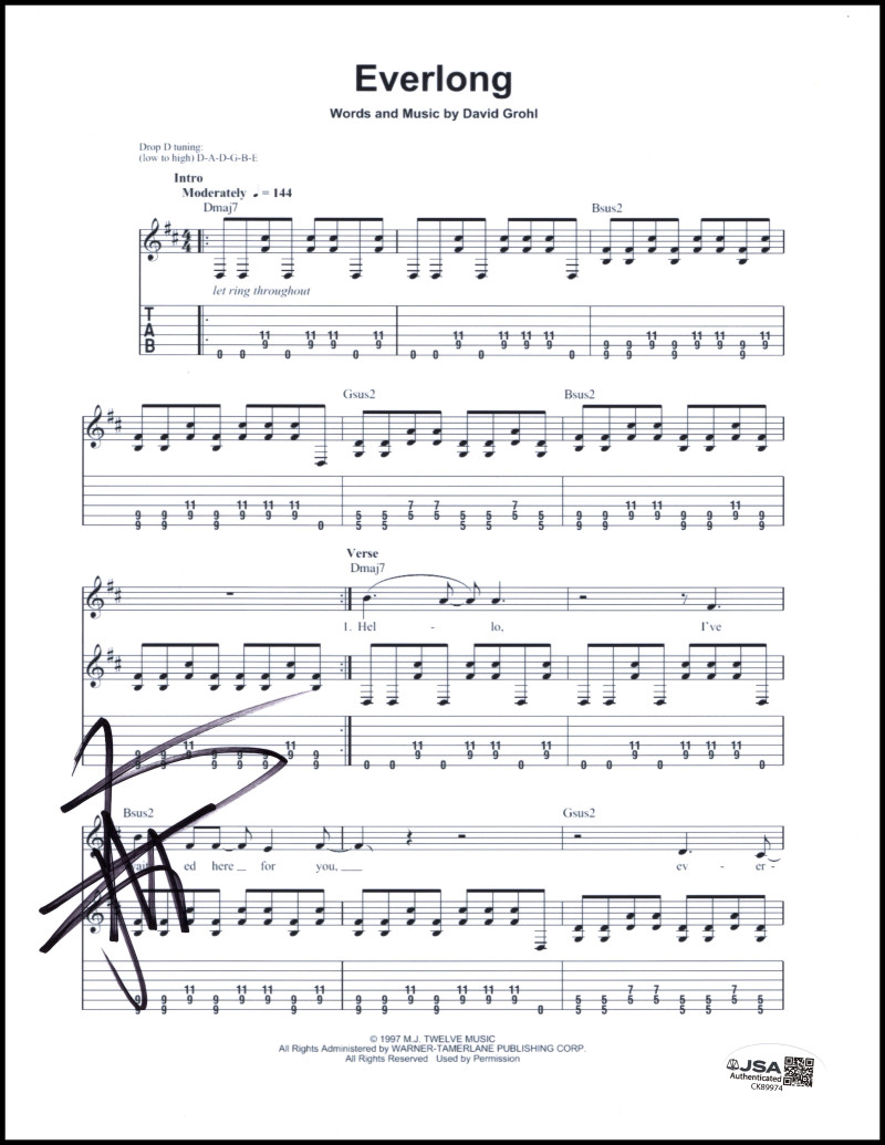 Pat Smear Foo Fighters Signed Autograph Everlong Sheet Music w/ JSA COA
