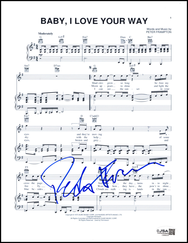 Peter Frampton Signed Autograph Baby I Love Your Way Sheet Music w/ JSA COA