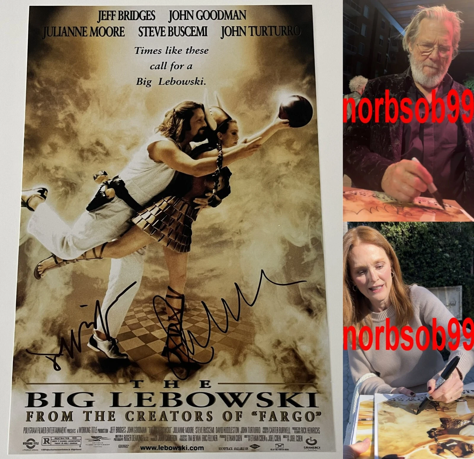 JEFF BRIDGES & JULIANNE MOORE SIGNED THE BIG LEBOWSKI 12×18 PHOTO & BECKETT COA COLLECTIBLE MEMORABILIA