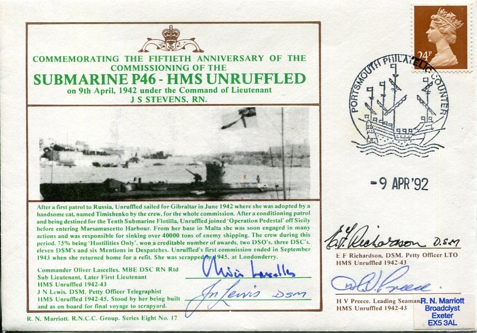 HMS Unruffled Submarine Crew of 5 Oliver Lascelles WWII War Signed Autograph