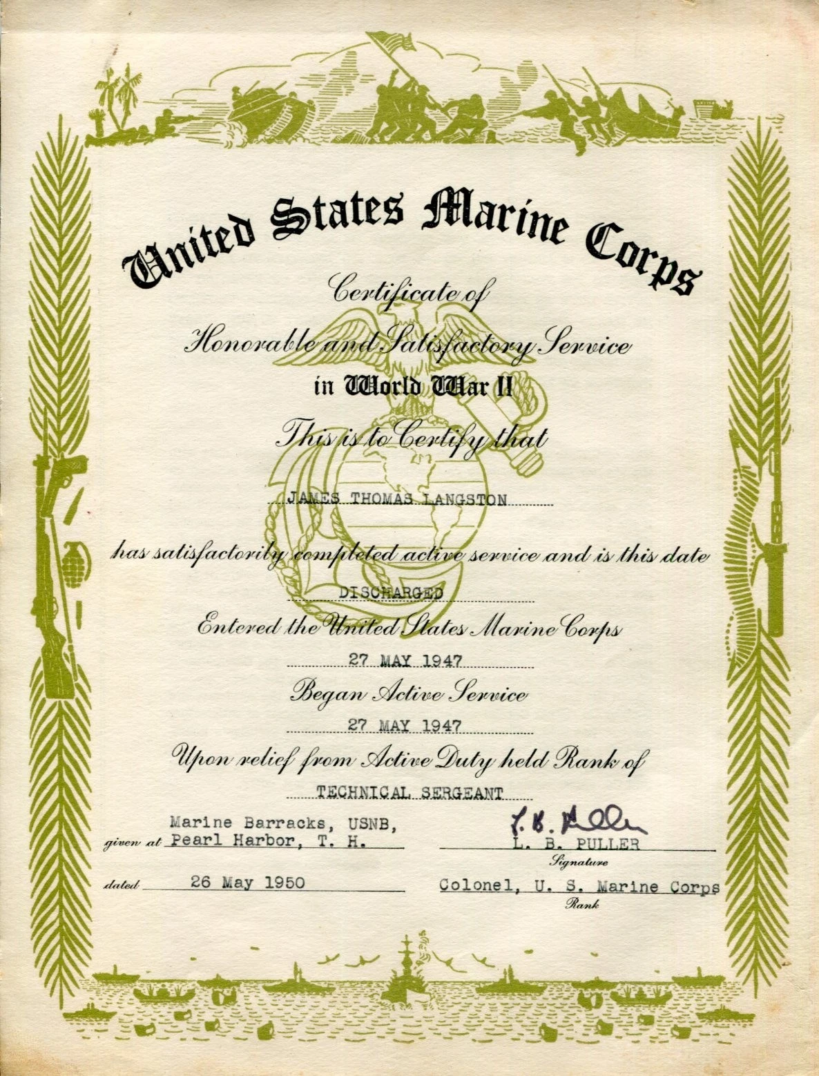General Lewis Chesty Puller USMC US Marine 5 Navy Cross DSC Signed Autograph Doc