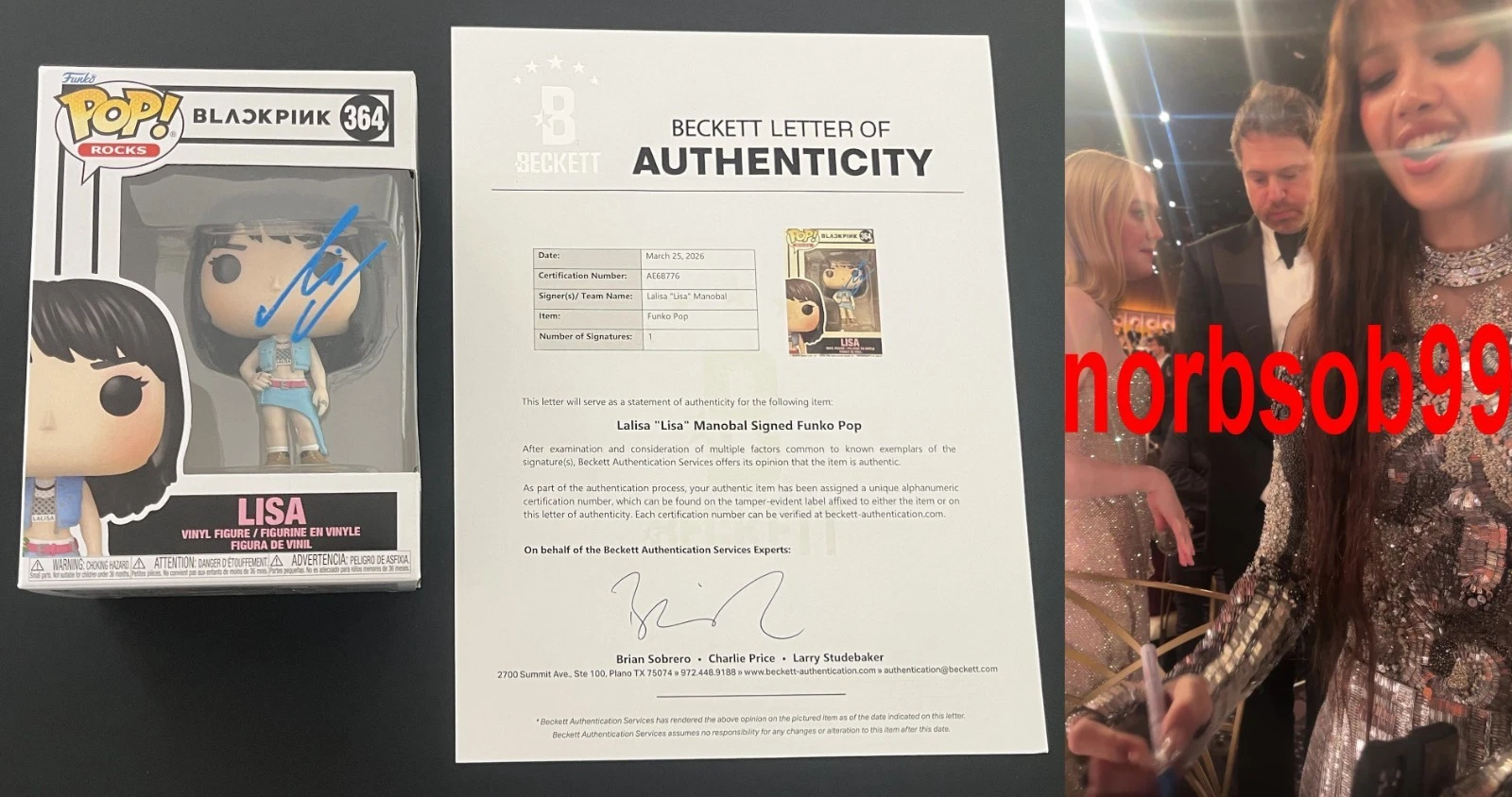 LISA LALISA MANOBAL SIGNED BLACKPINK FUNKO 364 w/EXACT VIDEO PROOF & BECKETT COA