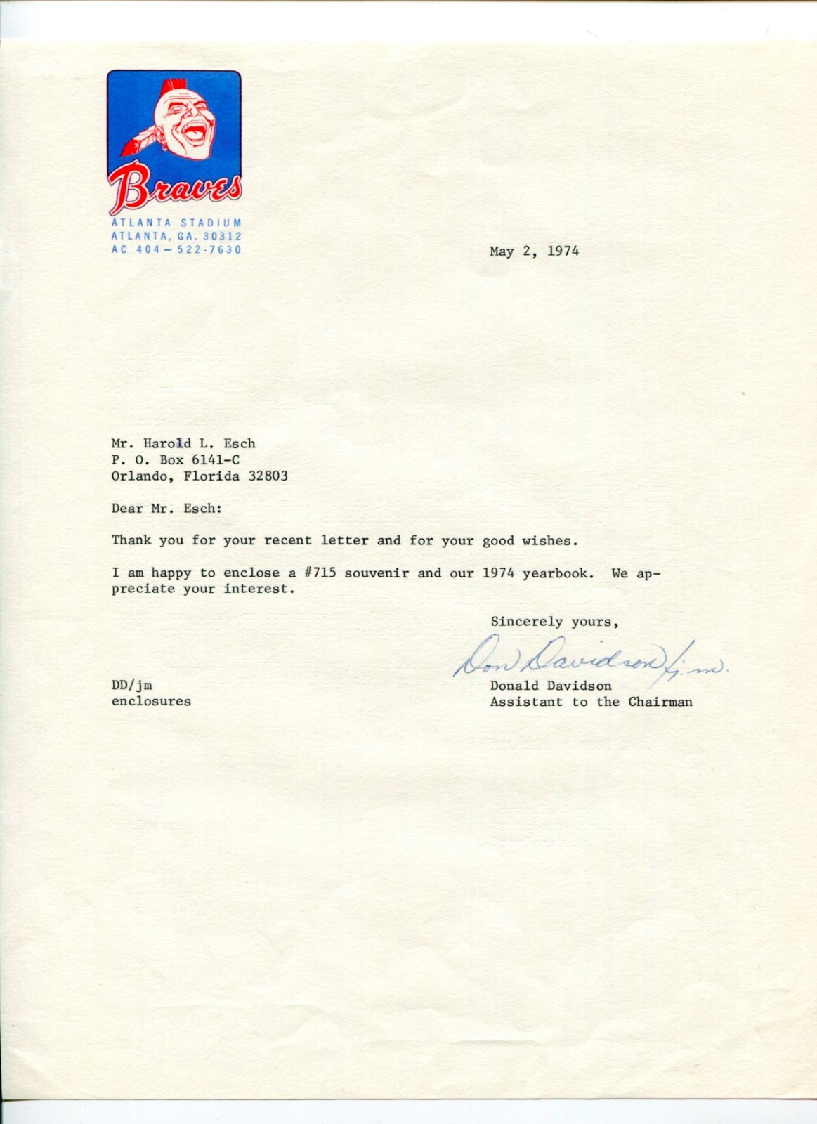 Donald Davidson Milwaukee Atlanta Braves Little Man Signed Autograph 1974 TSL