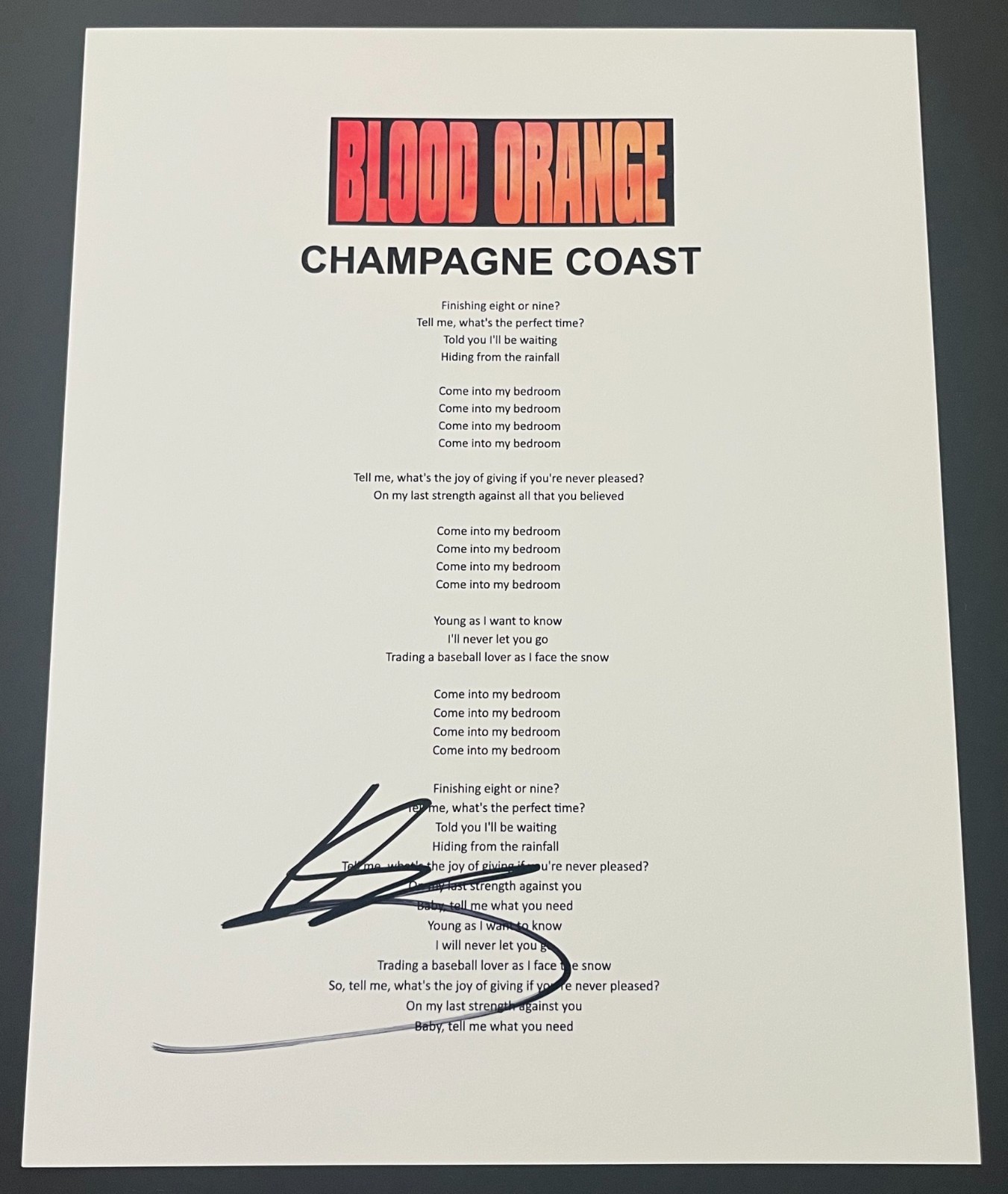 DEV HYNES SIGNED AUTOGRAPH BLOOD ORANGE CHAMPAGNE COAST LYRIC SHEET wPROOF & COA
